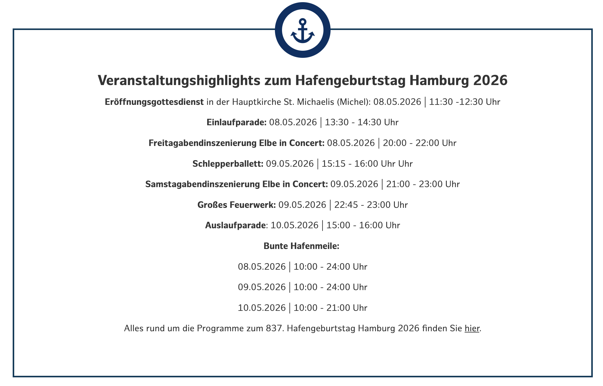 Hafengeburtstag Hamburg 2026 vom 8.–10. Mai: Schiffe, Shows und Feuerwerk – auch von der HafenCity aus erlebbar.