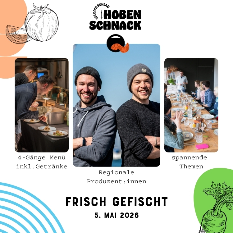 Hobenschnack „Frischgefischt“ am 5. Mai 2026 ab 18:30 Uhr in der Hobenköök: Gesprächsabend über nachhaltige Fischerei mit 4-Gänge-Menü.