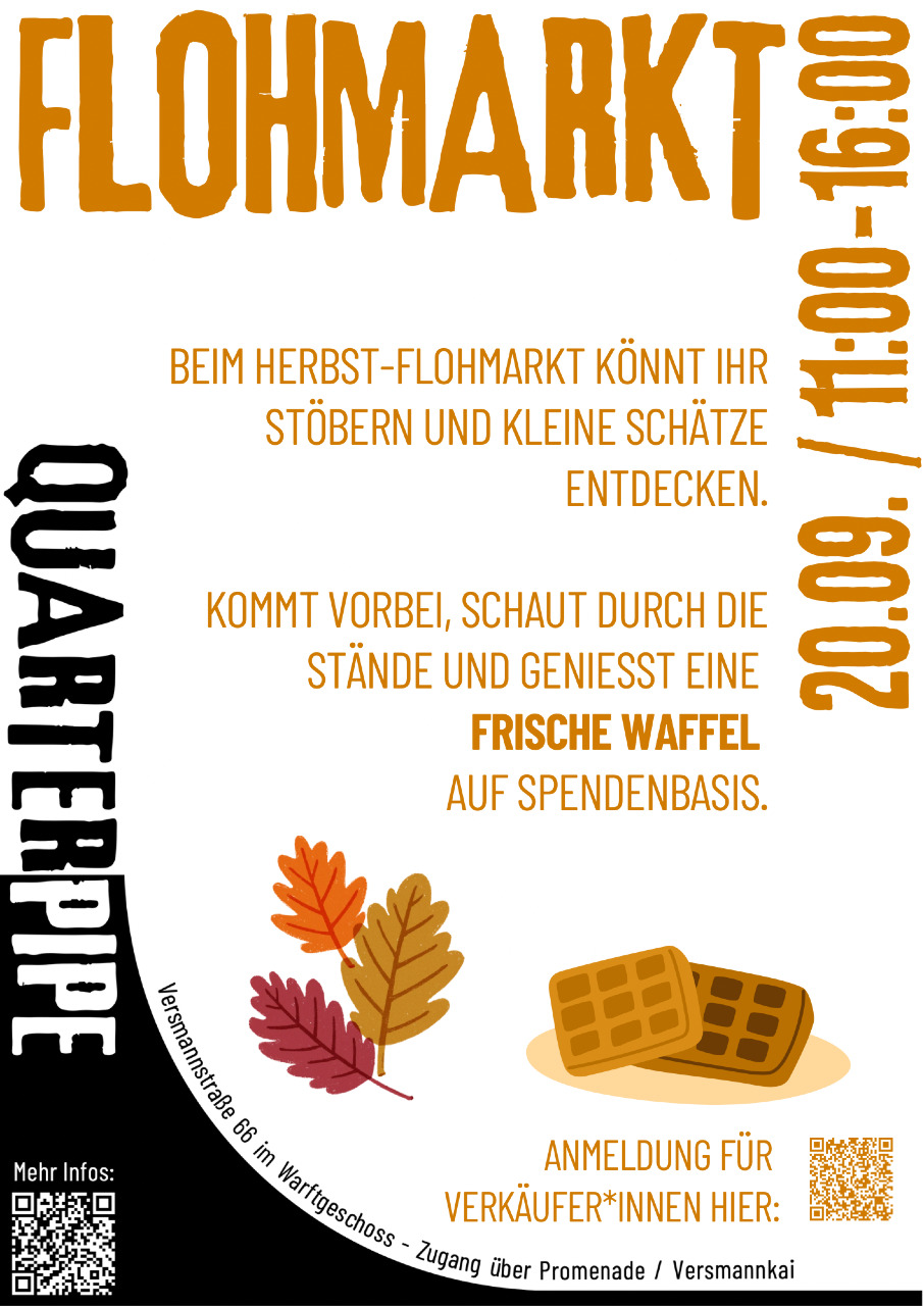 Herbst-Flohmarkt in der Quarterpipe an der Versmannstraße in der Hamburger HafenCity mit Ständen, Waffeln und nachbarschaftlicher Atmosphäre.
