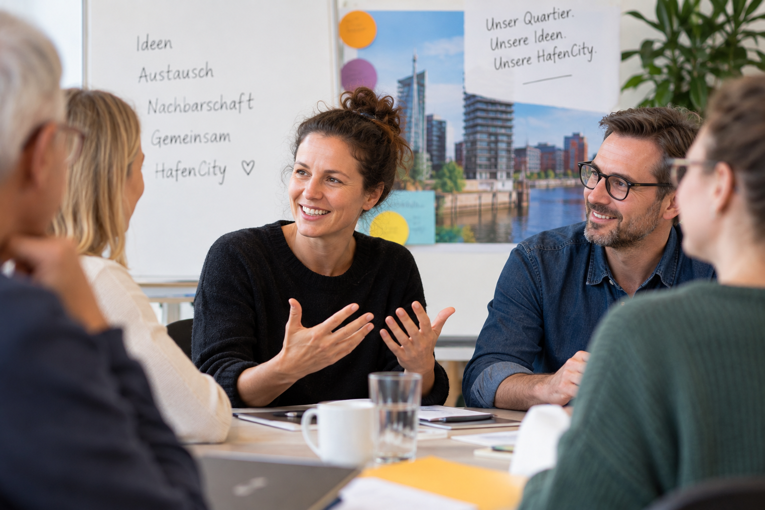 Teilnehmende im Austausch beim Arbeitskreis Kommunikation & Vernetzung in der HafenCity
