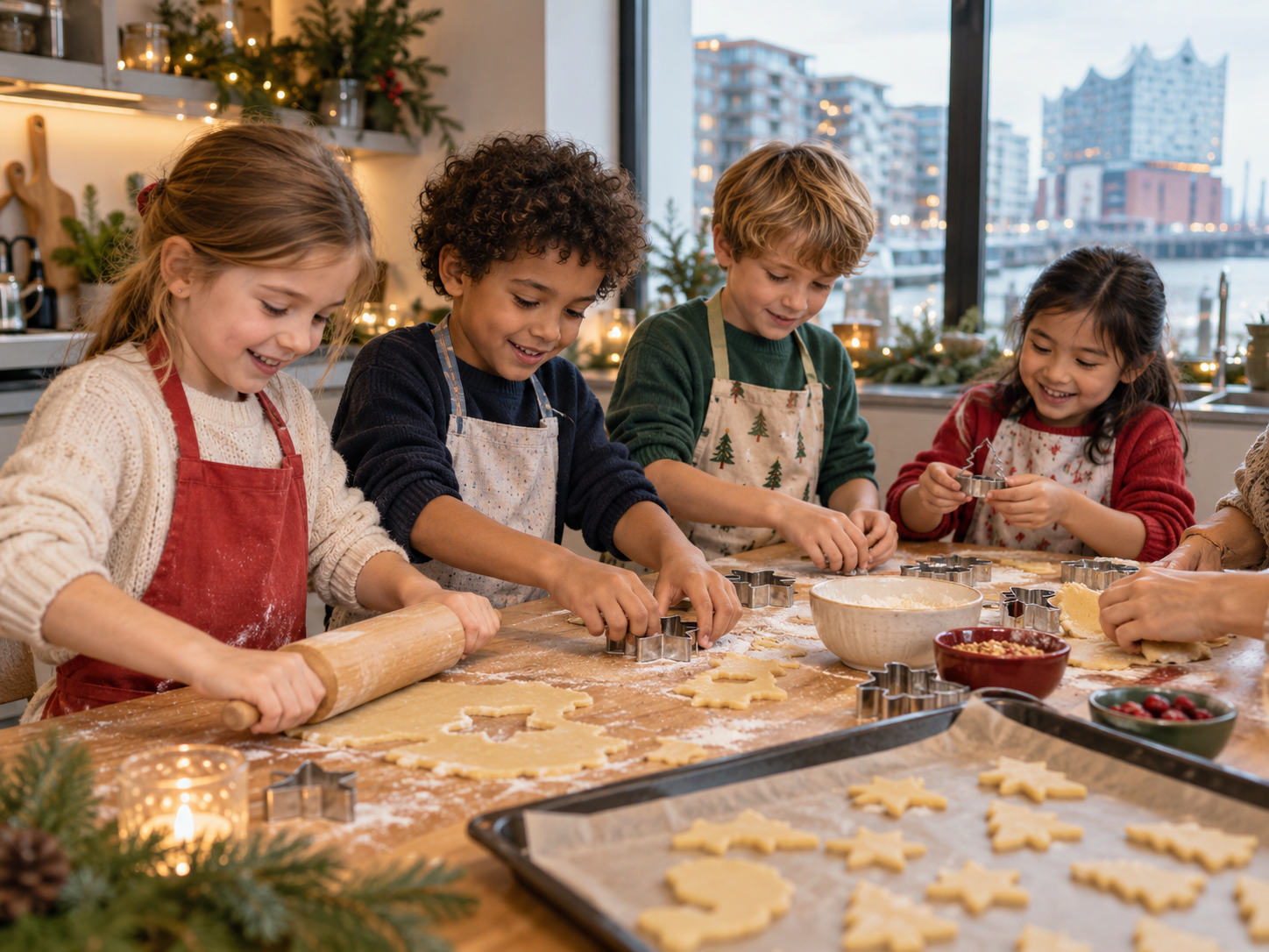 Weihnachtsflyer für das gemeinsame Kinderbacken am 6. Dezember 2026 im KreaTiefgeschoss der HafenCity