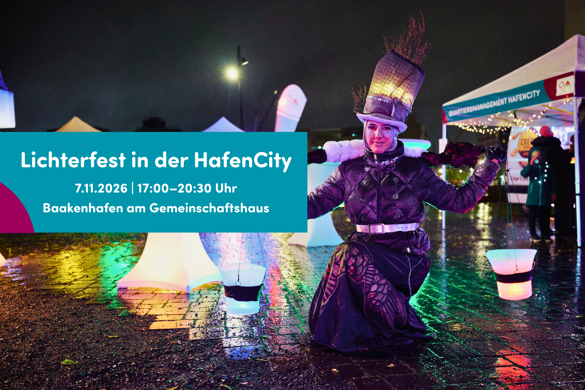 Beitragsbild zum Lichterfest in der HafenCity am 7. November 2026 mit beleuchteter Darstellerin am Baakenhafen
